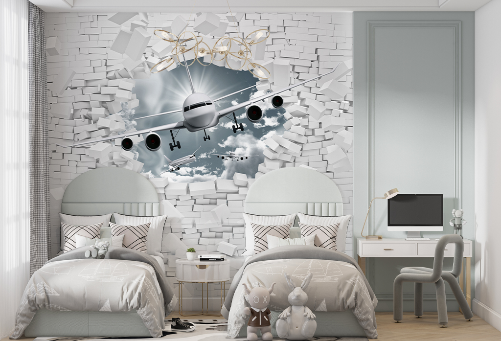 Фотообои и фрески - 3d самолёт в кирпичной стене