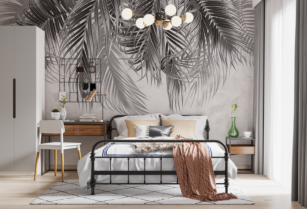 Фотообои и фрески - Чёрно-белые перья на фоне белой штукатурки