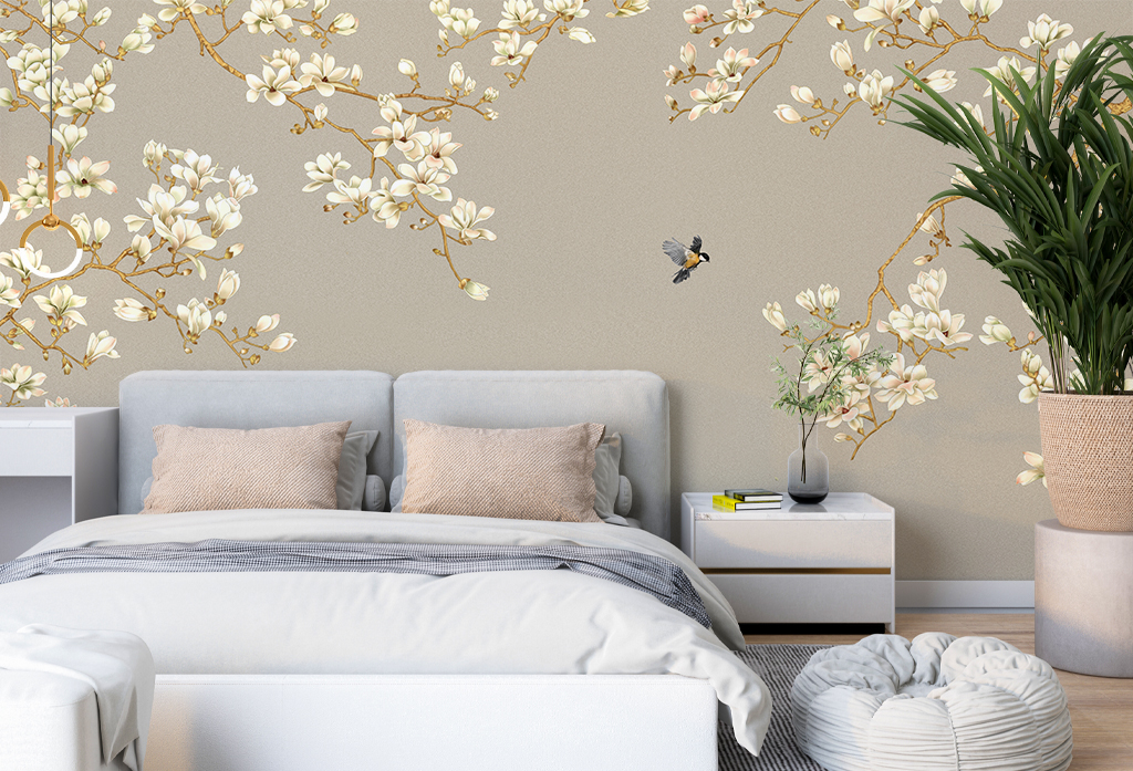 Фотообои и фрески - Веточка с птицами на серо-бежевом фоне