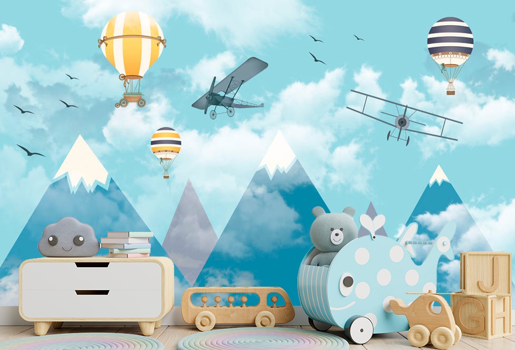 Фотообои и фрески - Воздушные шары и самолеты в синих горах