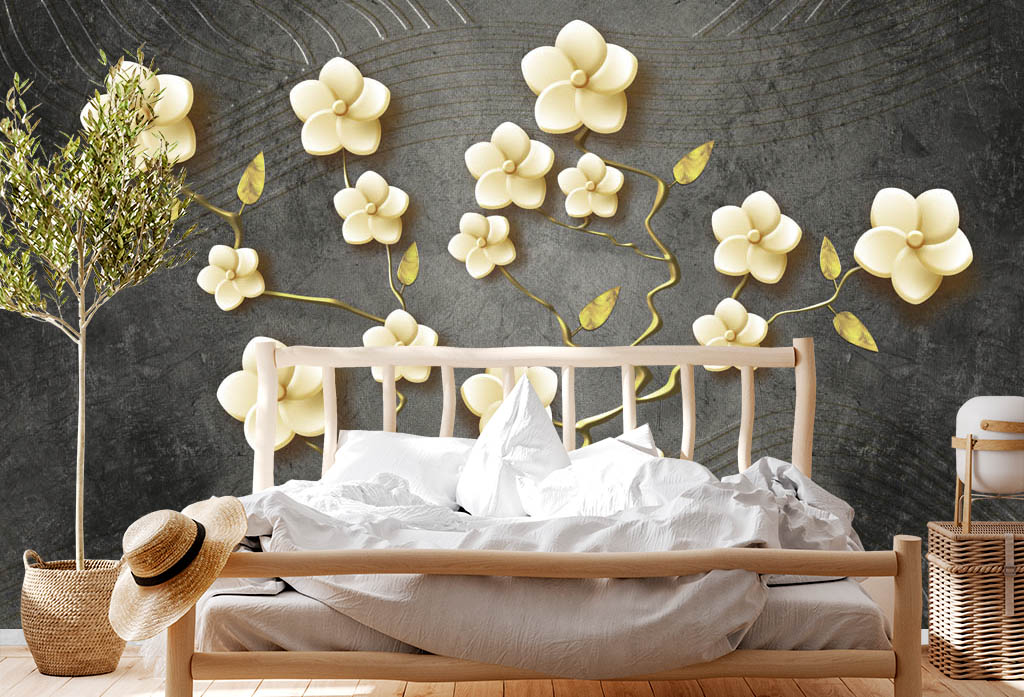 Фотообои и фрески - 3d светлые цветы на темном фоне