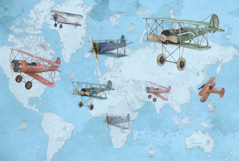 Фотообои и фрески - Карта мира с самолётами