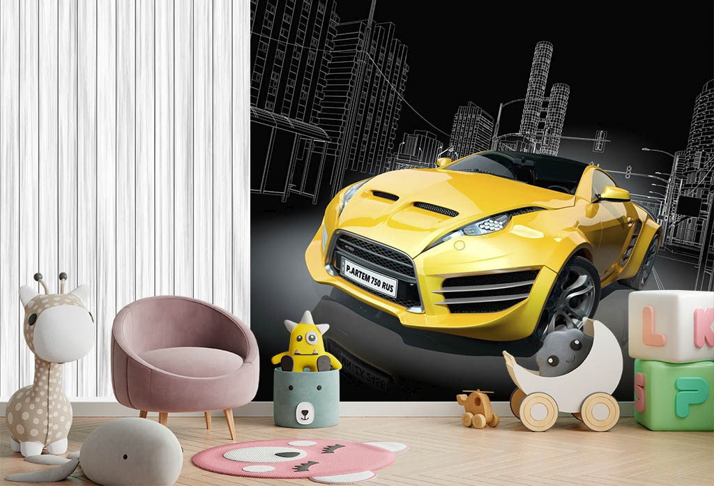 Фотообои и фрески - Желтый автомобиль на черном фоне