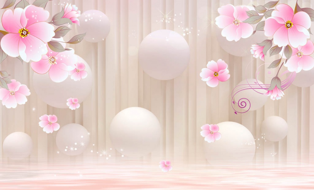 Фотообои и фрески - 3d розовые цветы и падающие шары