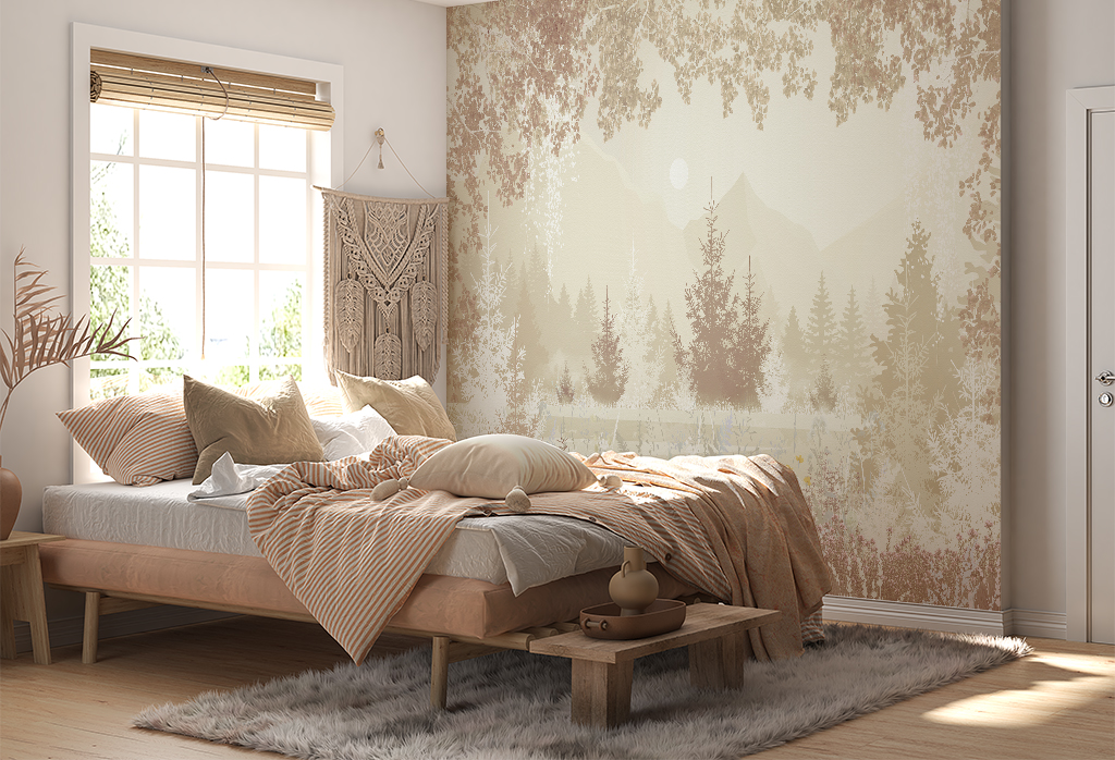 Фотообои и фрески - Травы, ели, горы в теплых оттенках