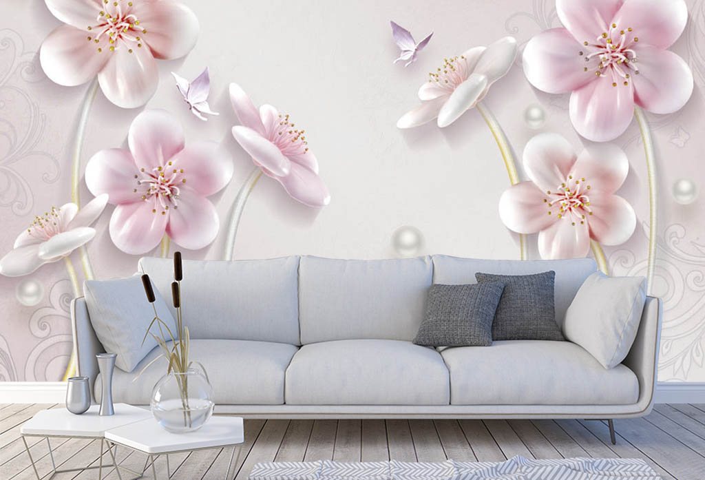 Фотообои и фрески - 3d розовые цветы на высоких стеблях