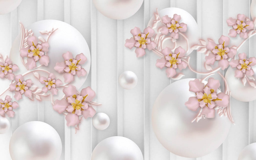 Фотообои и фрески - 3d пудровые цветы и большые шары