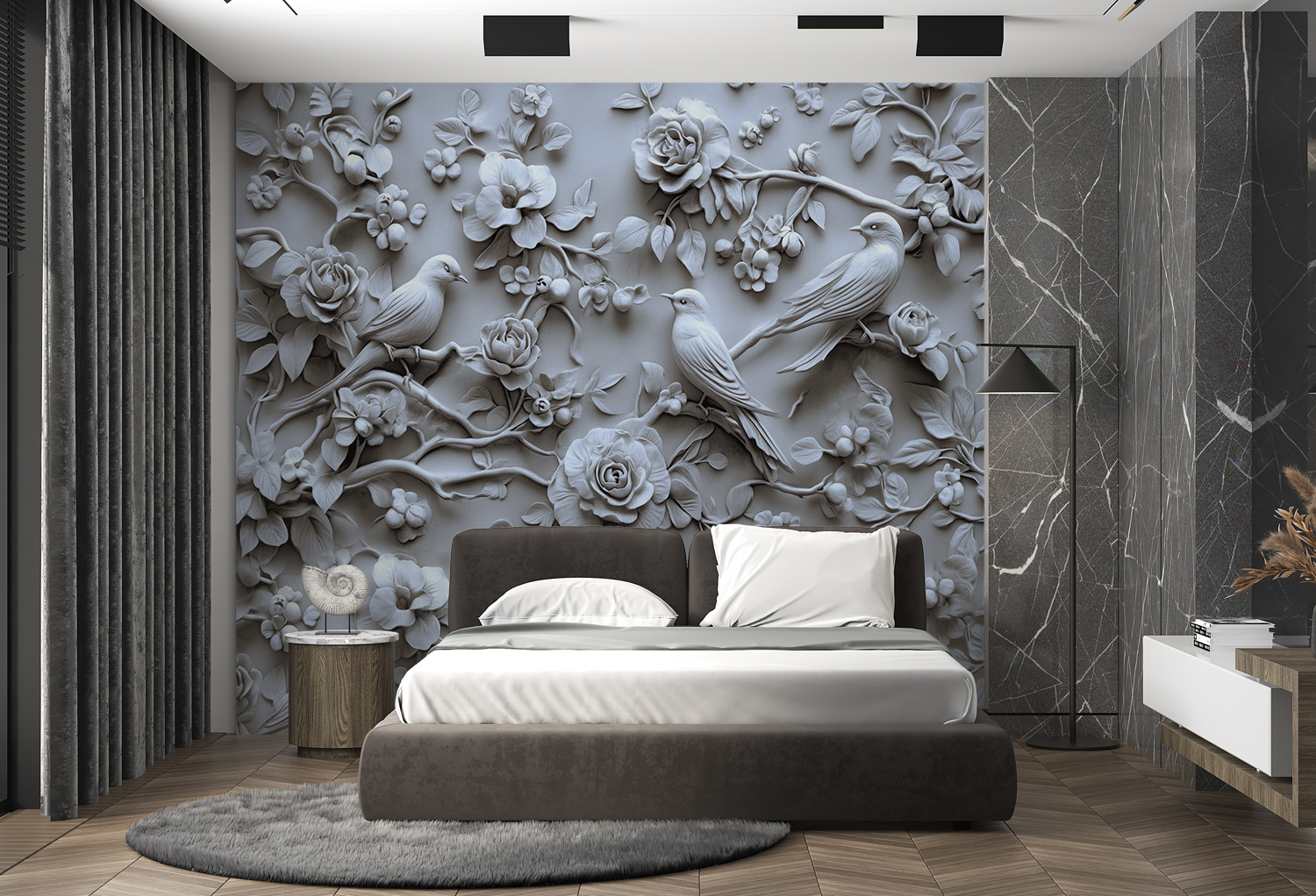 Фотообои и фрески - Птицы в цветах 3d барельеф