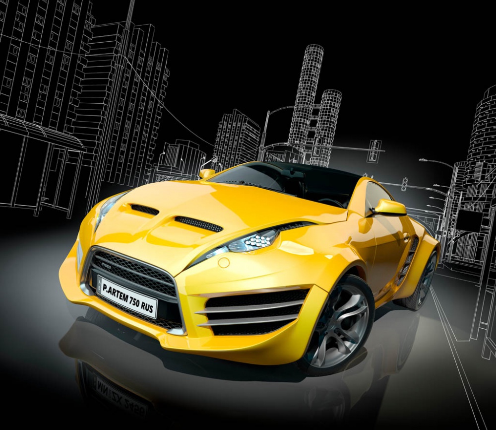 Фотообои и фрески - Желтый автомобиль на черном фоне