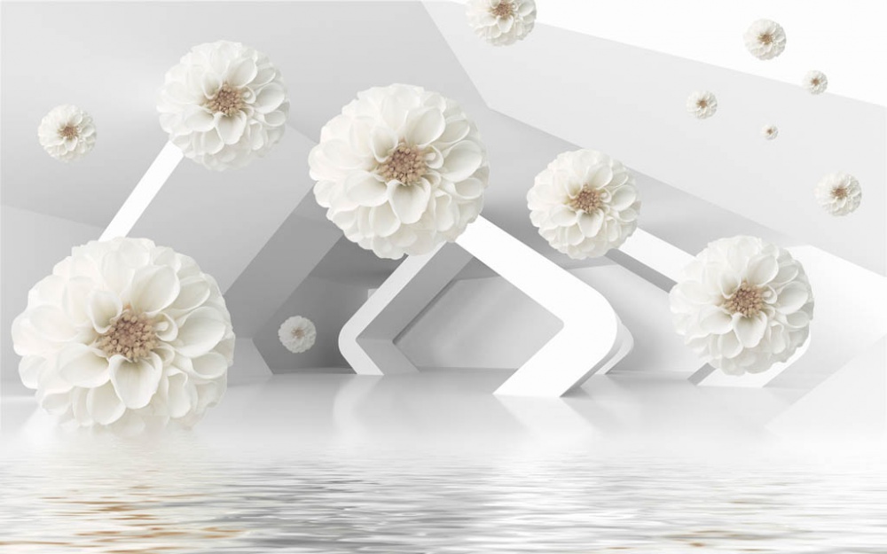 Фотообои и фрески - 3d белые бутоны на воде
