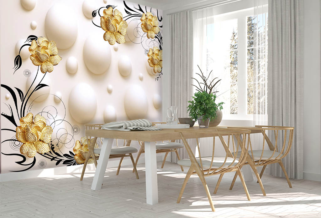 Фотообои и фрески - 3d золотые цветы и объемные шары
