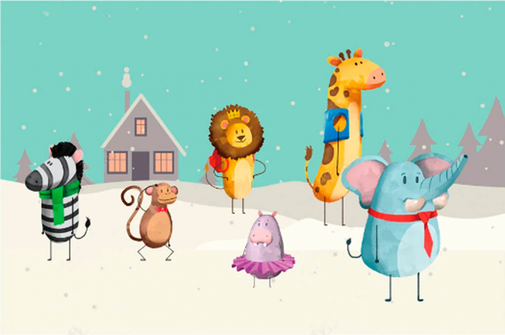 Фотообои и фрески - Зверята на заснеженной полянке