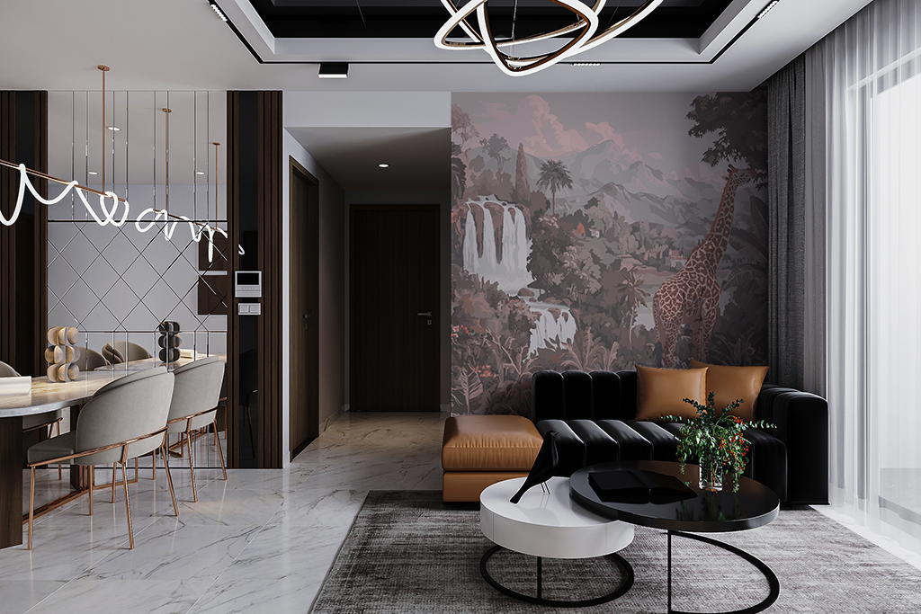 Фотообои и фрески - Жираф у водопада в розовом тоне