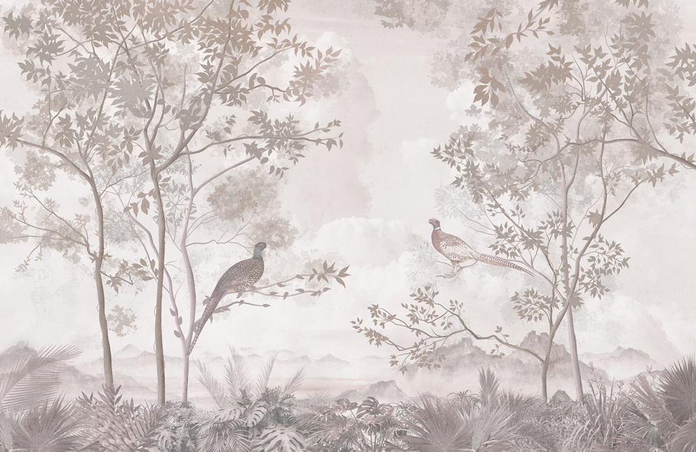 Фотообои и фрески - Пара фазанов в пудровом лесу