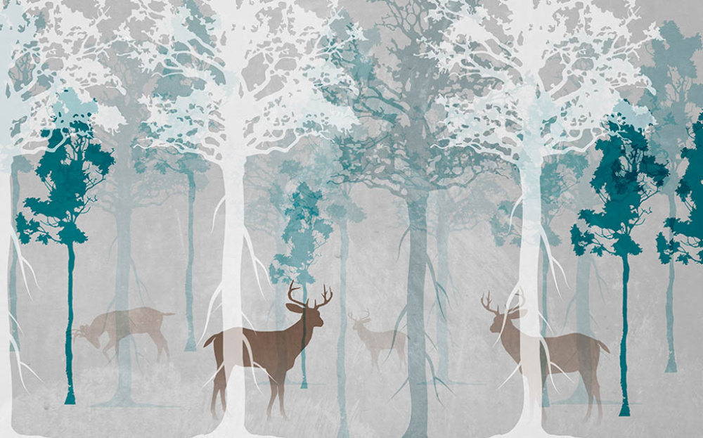 Фотообои и фрески - Коричневые оленята в лесу на сером фоне