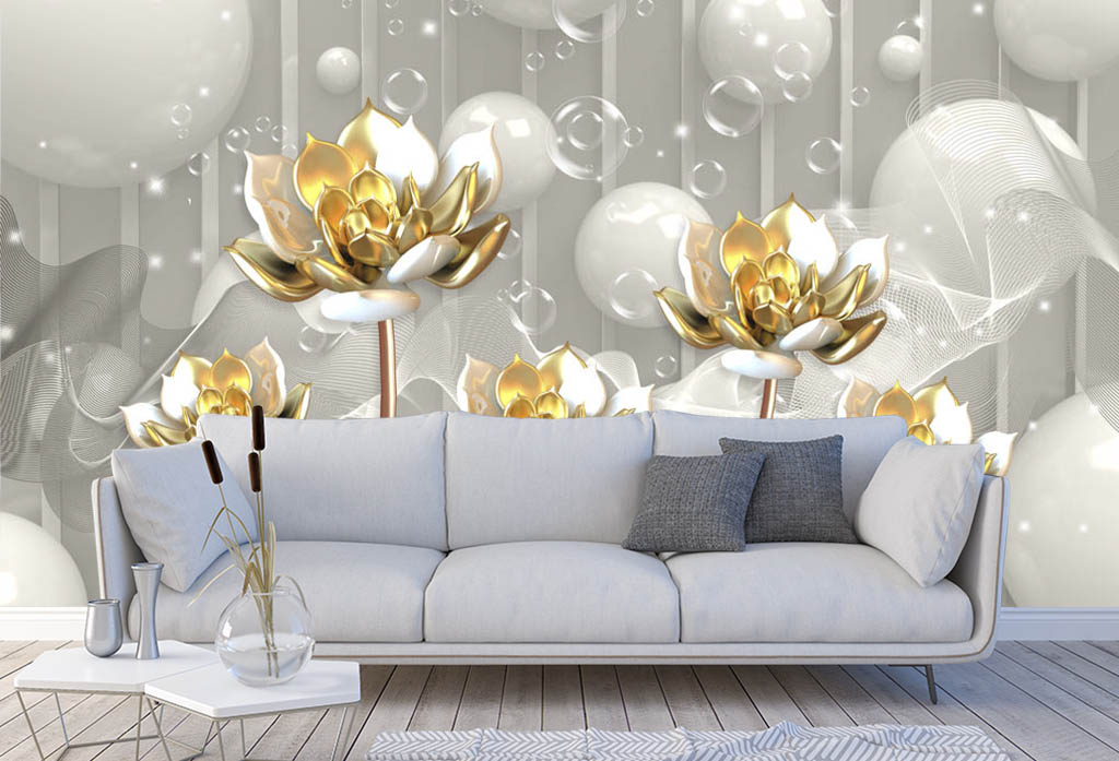 Фотообои и фрески - 3d золотые цветы и большие серые шары