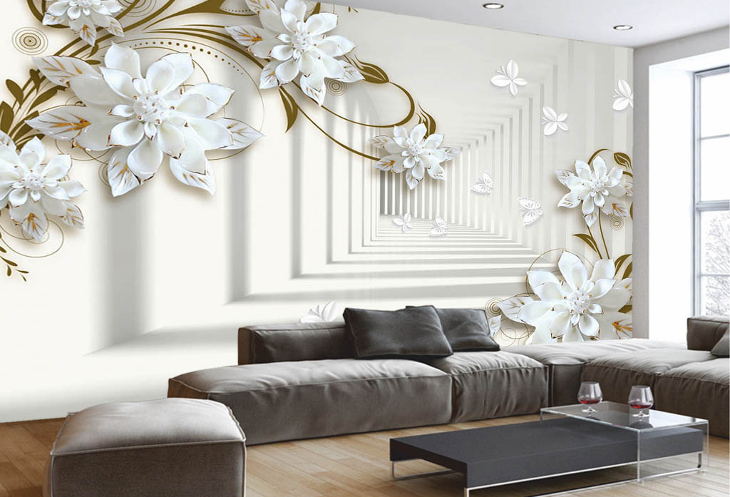Фотообои и фрески - 3d тоннель с белыми цветами