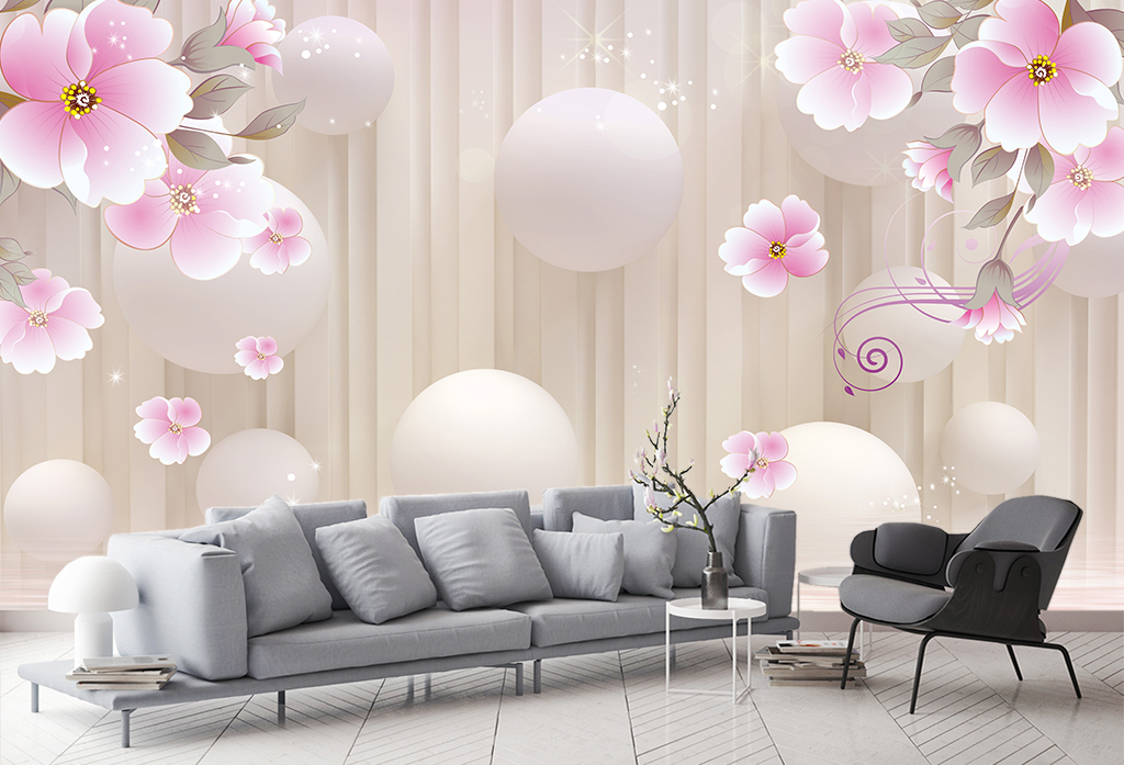 Фотообои и фрески - 3d розовые цветы и падающие шары
