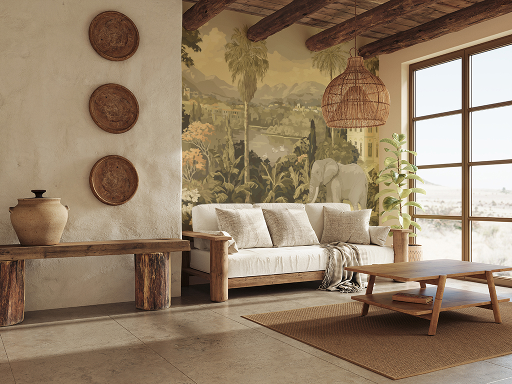 Фотообои и фрески - Слон в тропическом саду в светлых оттенках